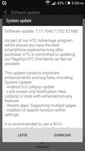 próxima actualización del HTC One M7 a Android 5.0 